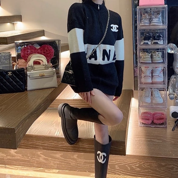 New Fashion Women Color Block Letter Zip Knit Cardigan XC1326091120