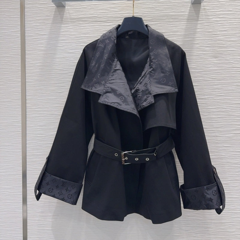 New Fashion Women Monogram Panel Waist Belt Short Trench Coat XC1326091127