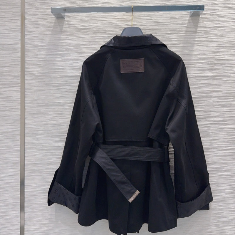 New Fashion Women Monogram Panel Waist Belt Short Trench Coat XC1326091127