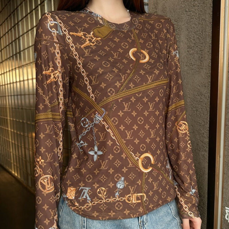 New Fashion Women Monogram Chain Print Mesh Long Sleeve Top XC1326091128
