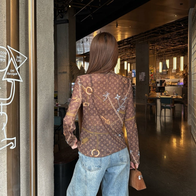New Fashion Women Monogram Chain Print Mesh Long Sleeve Top XC1326091128