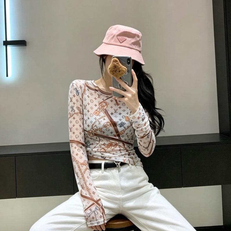 New Fashion Women Monogram Chain Print Mesh Long Sleeve Top XC1326091128