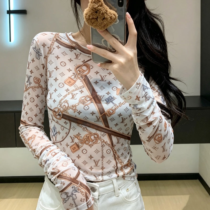New Fashion Women Monogram Chain Print Mesh Long Sleeve Top XC1326091128