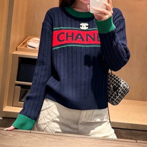 New Fashion Women Color Block Stripe Crew Neck Knit Sweater XC1326091129