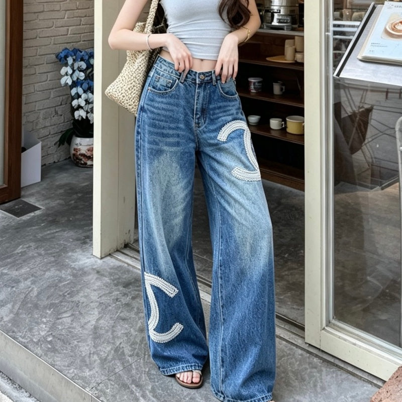 New Fashion Women CC Beaded Wide Leg Jeans DM1326091419