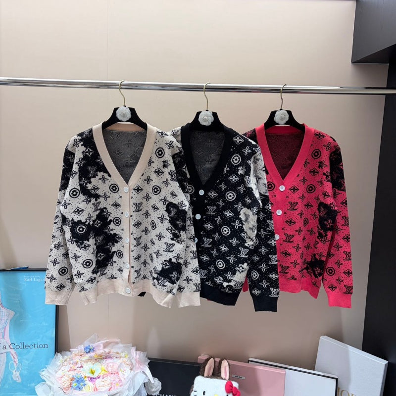 New Fashion Women All Over Print V-Neck Knit Cardigan DM1326091423