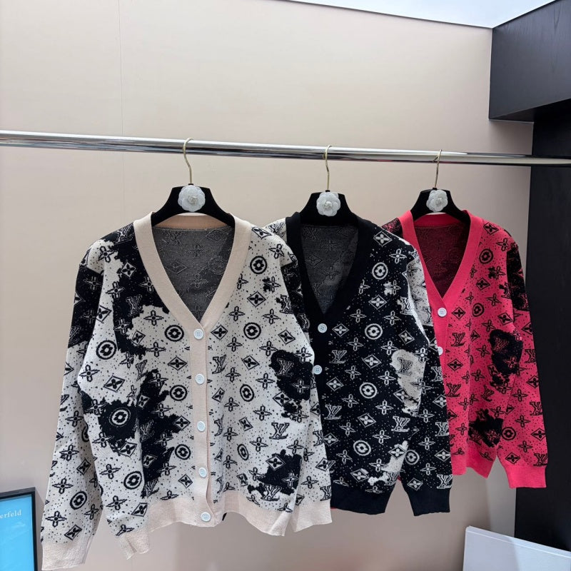 New Fashion Women All Over Print V-Neck Knit Cardigan DM1326091423