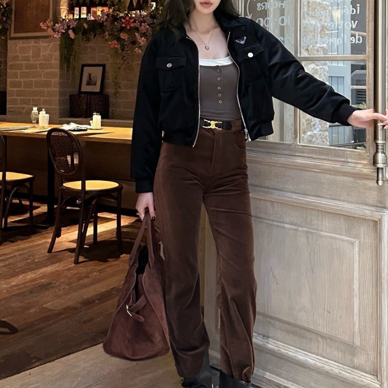 New Fashion Women PR Velvet Collared Cropped Jacket 1326091425
