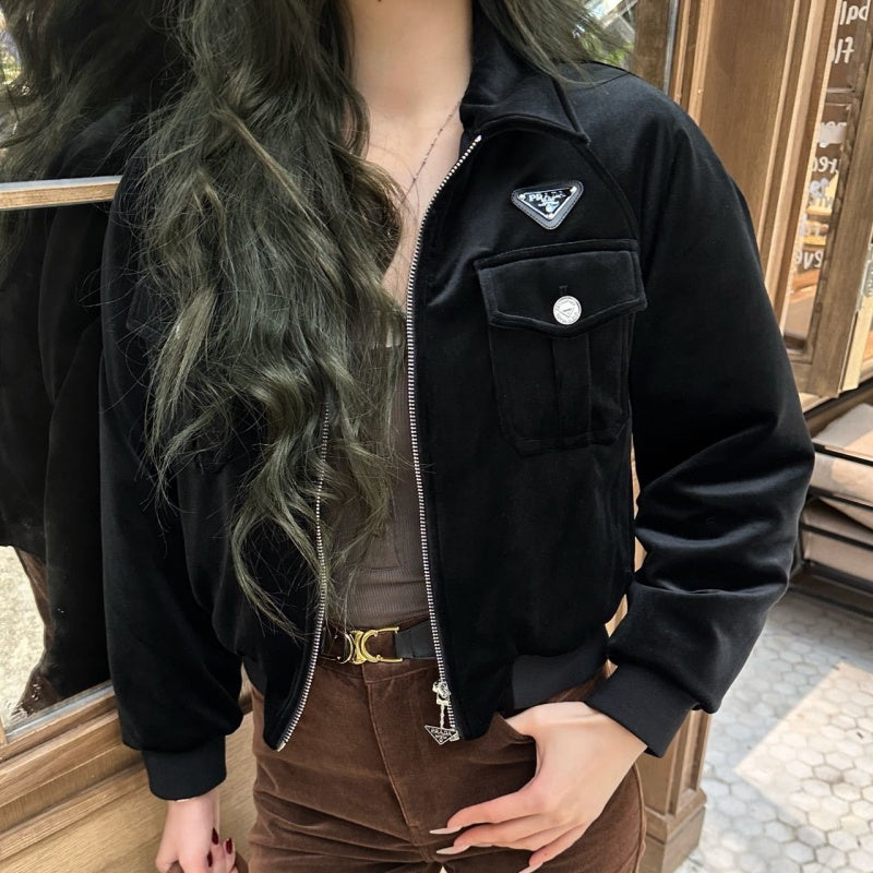 New Fashion Women PR Velvet Collared Cropped Jacket 1326091425