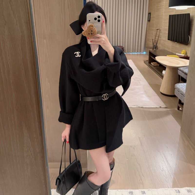 New Stylish Women's Knit Shawl Coat 3-Piece Set with Brooch & Belt CQQ1326091710