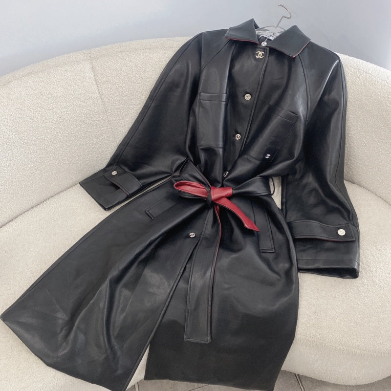 New Stylish Women's Long Leather Trench Coat with Contrast Red Belt CQQ1326091711
