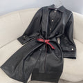 New Stylish Women's Long Leather Trench Coat with Contrast Red Belt CQQ1326091711