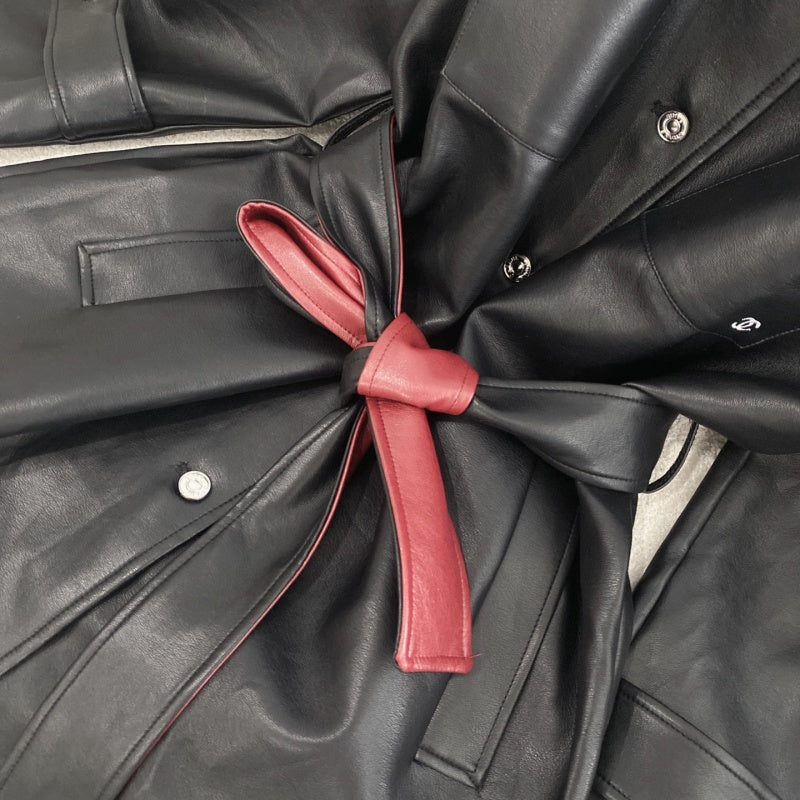 New Stylish Women's Long Leather Trench Coat with Contrast Red Belt CQQ1326091711