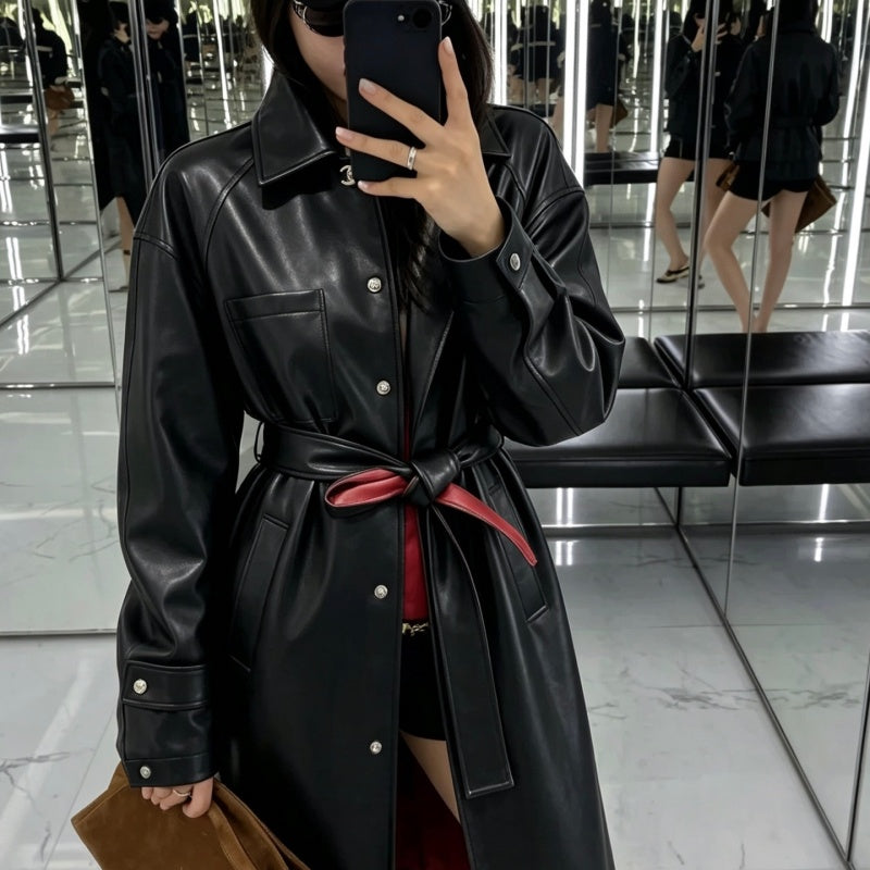 New Stylish Women's Long Leather Trench Coat with Contrast Red Belt CQQ1326091711