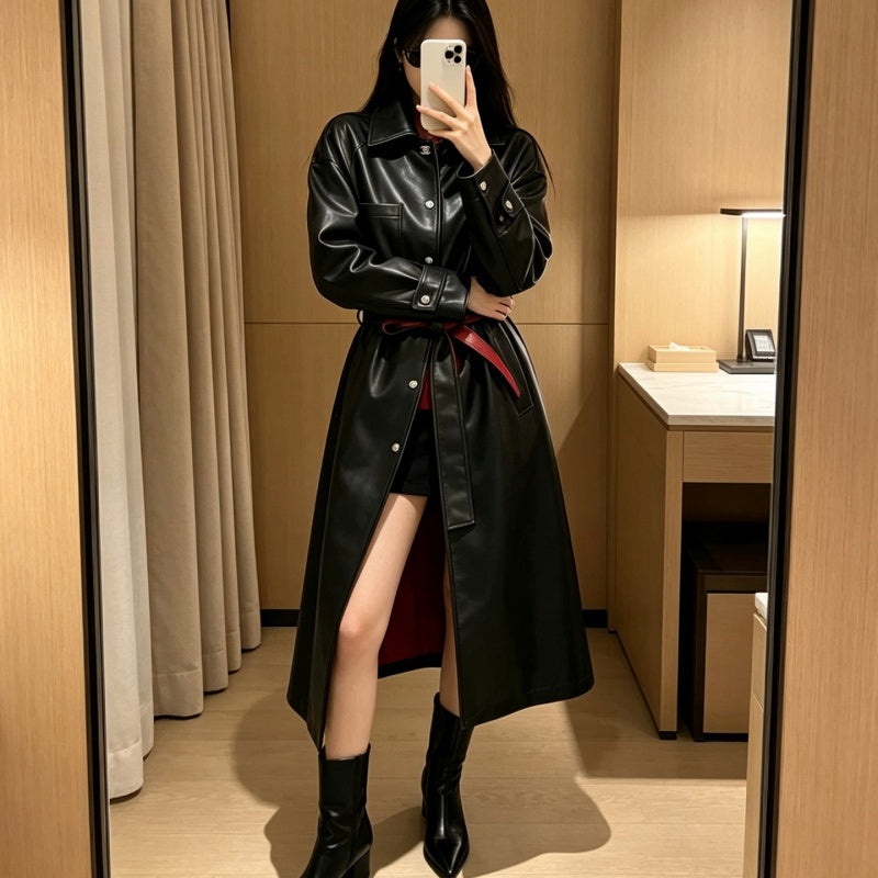 New Stylish Women's Long Leather Trench Coat with Contrast Red Belt CQQ1326091711