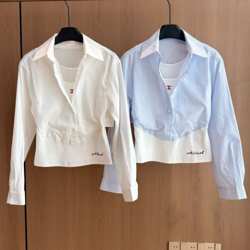 New Stylish Women's Fake Two-Piece Spliced Long Sleeve Shirt CQQ1326091713
