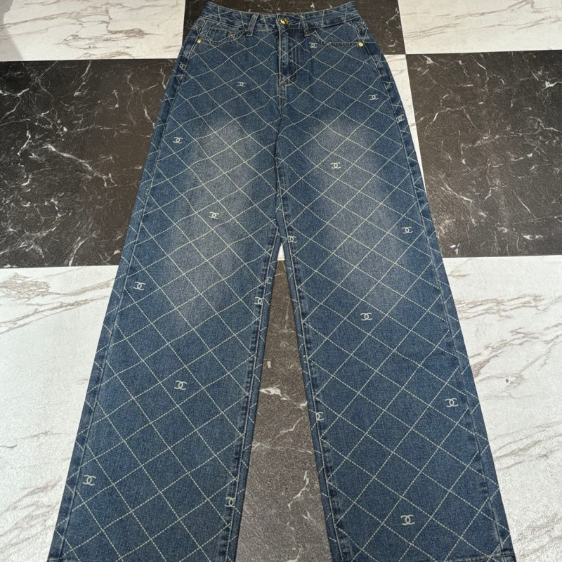 New Fashion Women CC Diamond Print Wide Leg Jeans DM1326091812