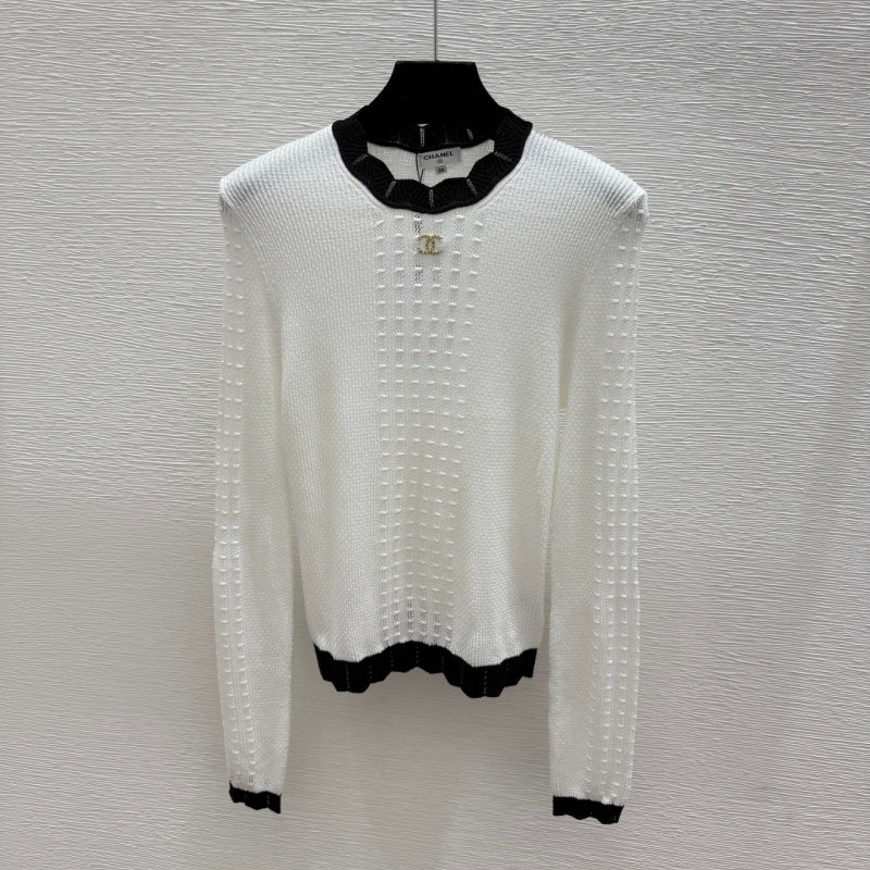 New Fashion Women CC Ruffle Trim Hollow Knit Top DM1326091822