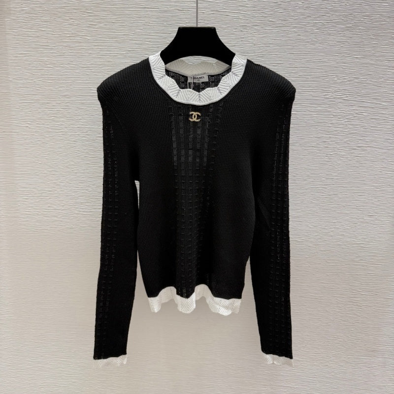 New Fashion Women CC Ruffle Trim Hollow Knit Top DM1326091822