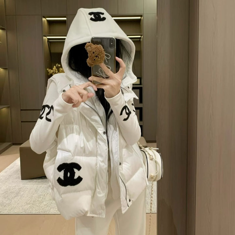 New Fashion Women's Logo Print Long Sleeve Top & Hooded Puffer Vest 2 Piece Set DM1326092009