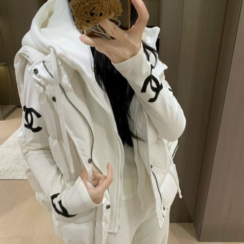 New Fashion Women's Logo Print Long Sleeve Top & Hooded Puffer Vest 2 Piece Set DM1326092009