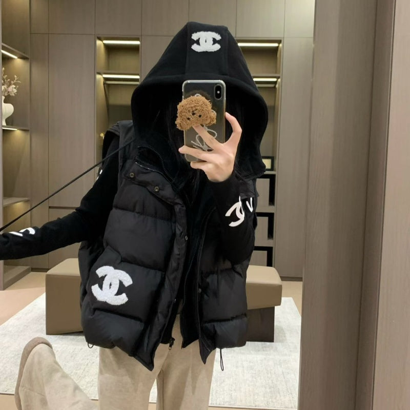 New Fashion Women's Logo Print Long Sleeve Top & Hooded Puffer Vest 2 Piece Set DM1326092009