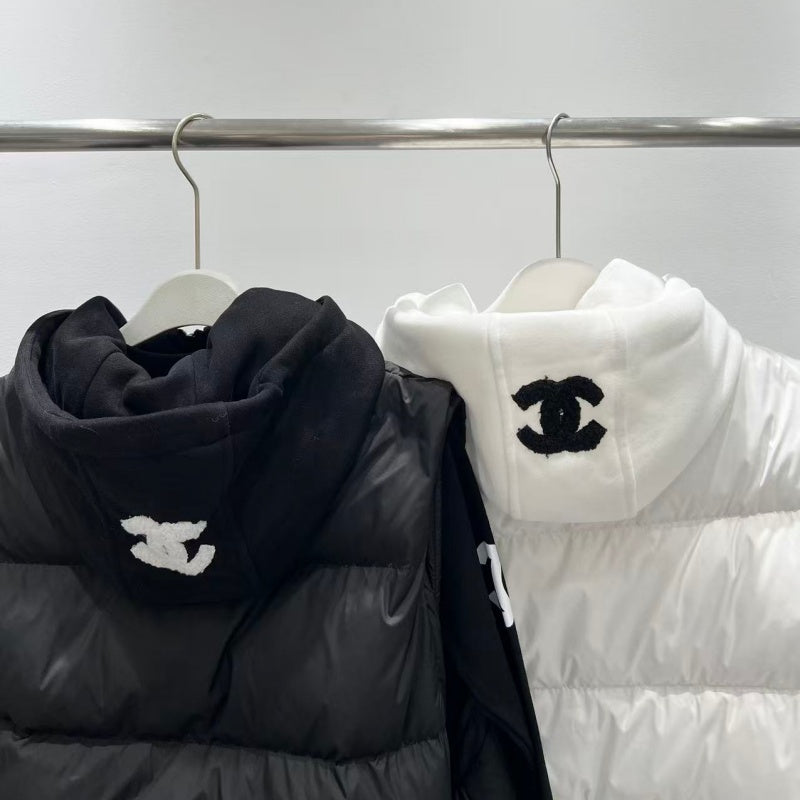 New Fashion Women's Logo Print Long Sleeve Top & Hooded Puffer Vest 2 Piece Set DM1326092009