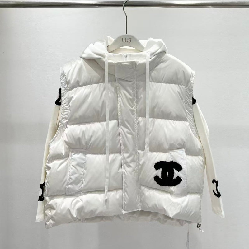 New Fashion Women's Logo Print Long Sleeve Top & Hooded Puffer Vest 2 Piece Set DM1326092009
