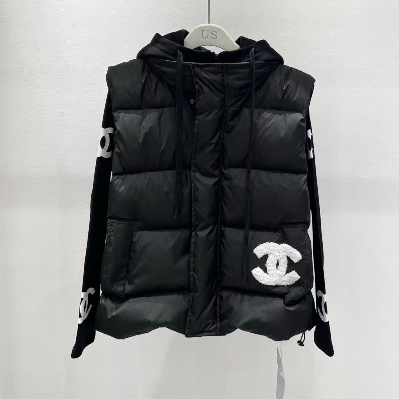 New Fashion Women's Logo Print Long Sleeve Top & Hooded Puffer Vest 2 Piece Set DM1326092009