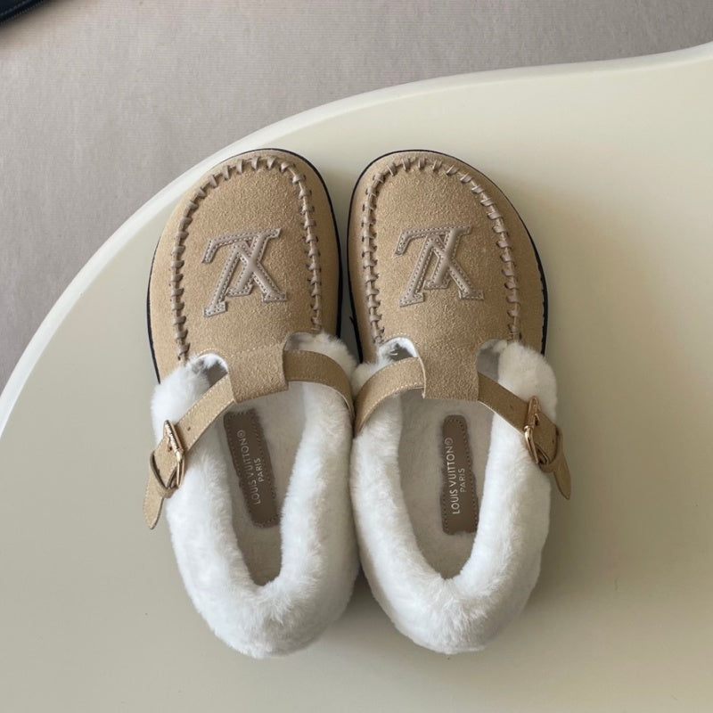 New Fashion Furry Lined Buckle Moccasin Shoes PF1326092103