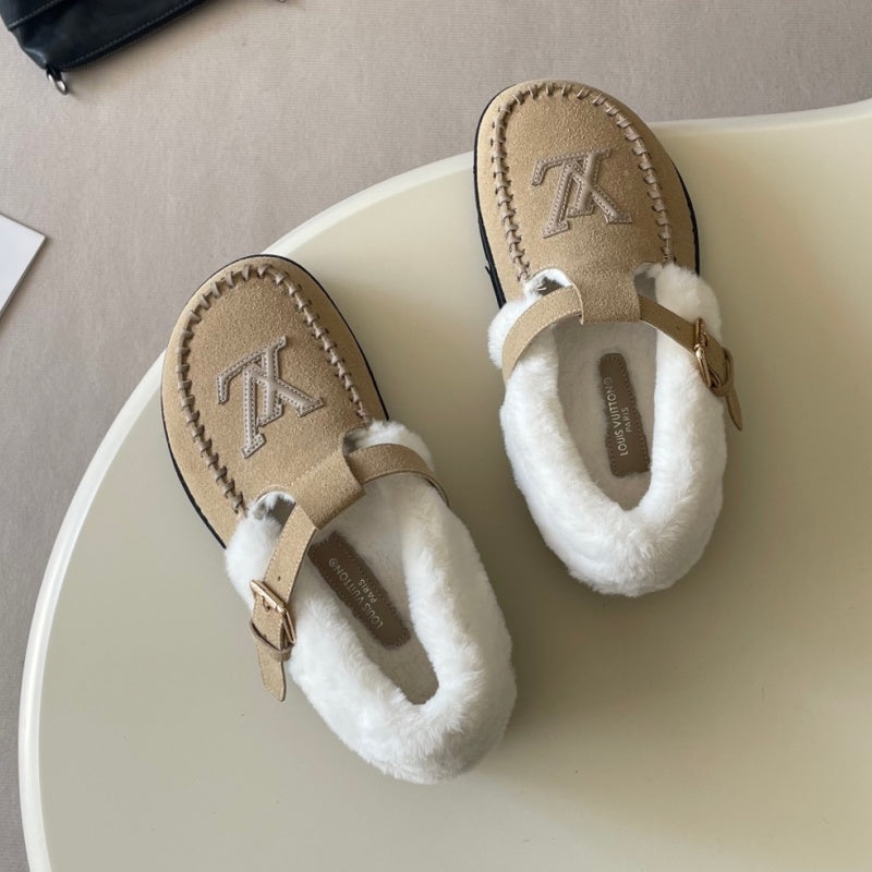 New Fashion Furry Lined Buckle Moccasin Shoes PF1326092103