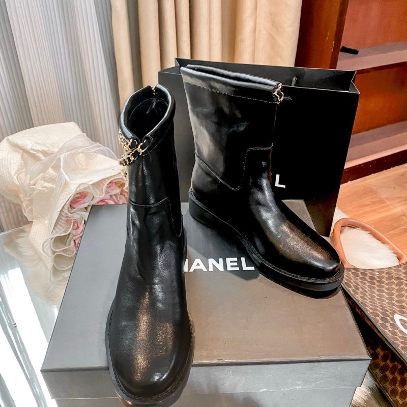 New Fashion Chain Decor Logo Mid Calf Boots PF1326092106