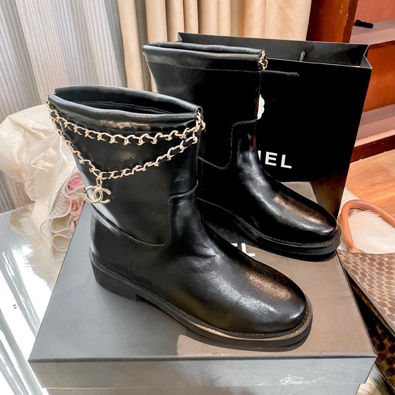 New Fashion Chain Decor Logo Mid Calf Boots PF1326092106