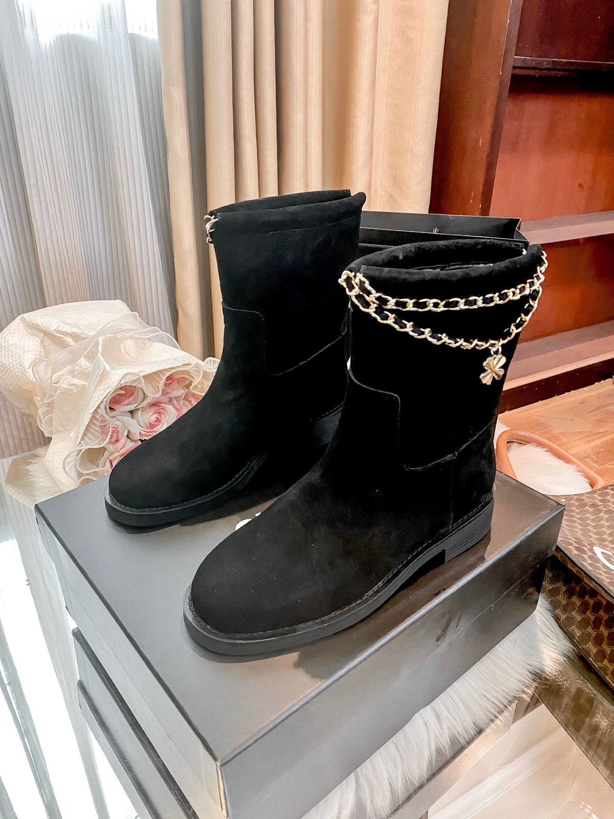 New Fashion Chain Decor Logo Mid Calf Boots PF1326092106