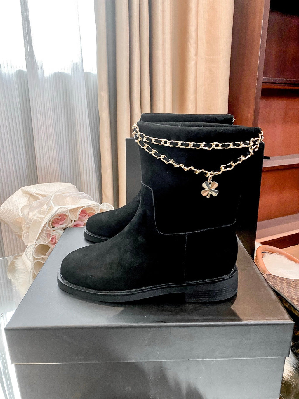 New Fashion Chain Decor Logo Mid Calf Boots PF1326092106