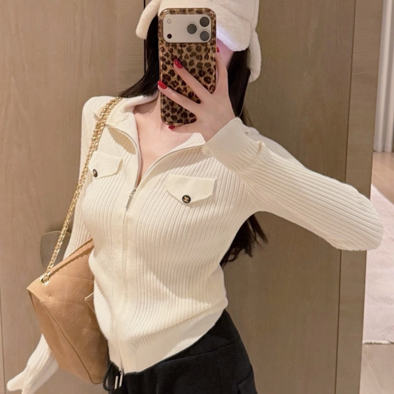 New Fashion Women's CC Half Zip Ribbed Knit Base Top CQQ1326092406