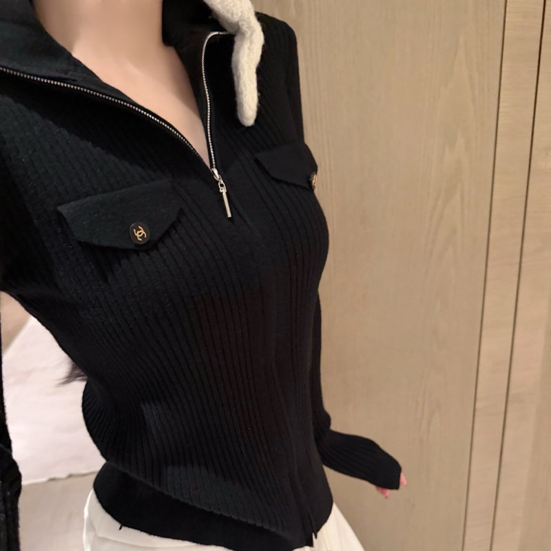 New Fashion Women's CC Half Zip Ribbed Knit Base Top CQQ1326092406