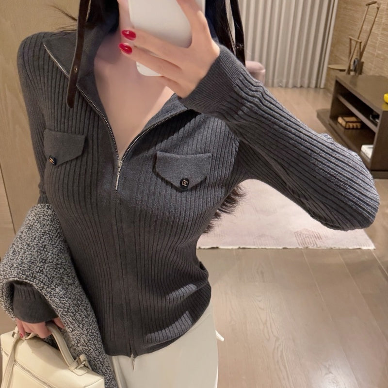 New Fashion Women's CC Half Zip Ribbed Knit Base Top CQQ1326092406