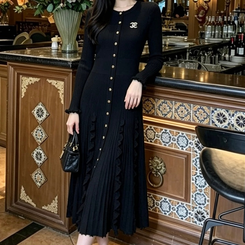 New Fashion Women's CC Ice Silk Knit Long Sleeve Midi Dress CQQ1326092412