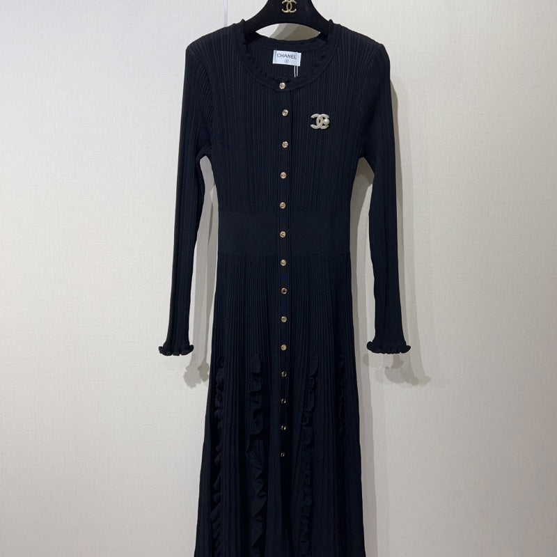 New Fashion Women's CC Ice Silk Knit Long Sleeve Midi Dress CQQ1326092412