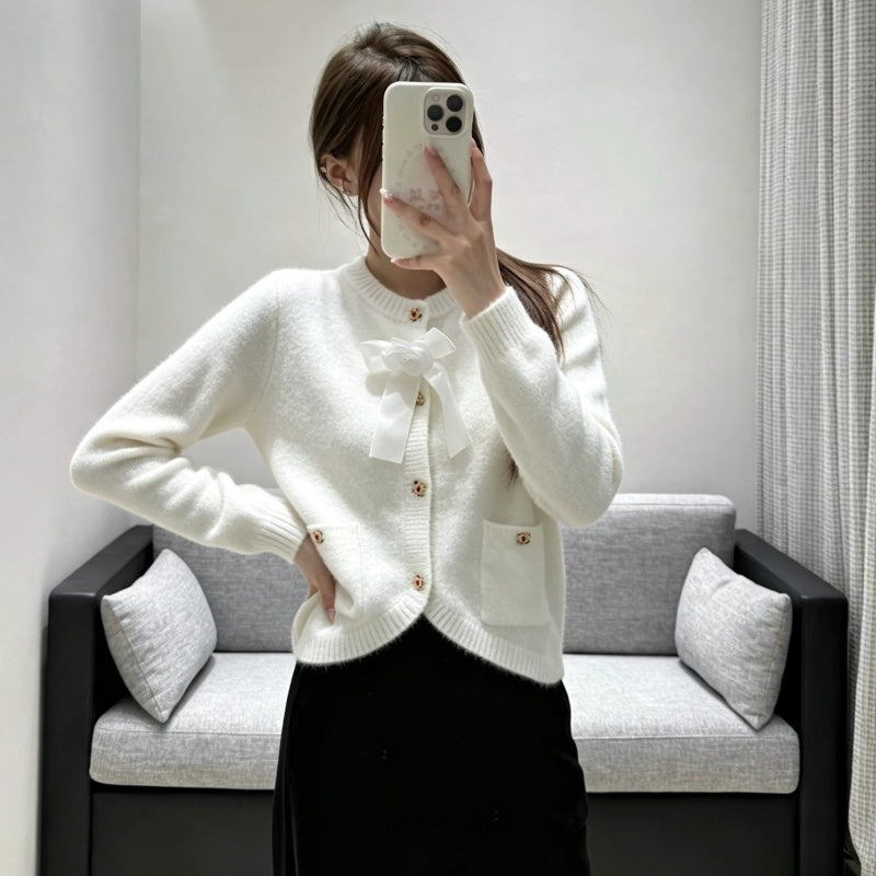New Fashion Women's CC Bow Fuzzy Knit Cardigan DM1326092418