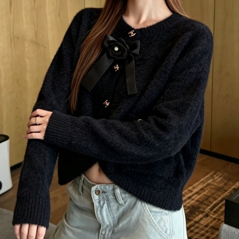 New Fashion Women's CC Bow Fuzzy Knit Cardigan DM1326092418