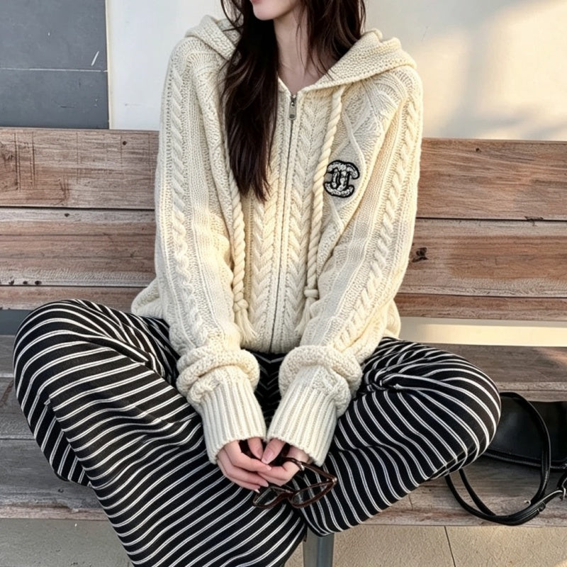 NNew Fashion Women's Cable Knit Hooded Zip Up Cardigan  DM132609233
