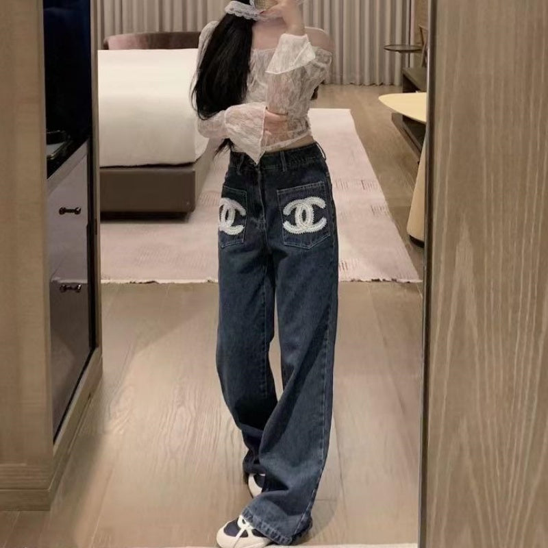 New Fashion Women's Embroidered Pocket Wide Leg Jeans  DM132609235
