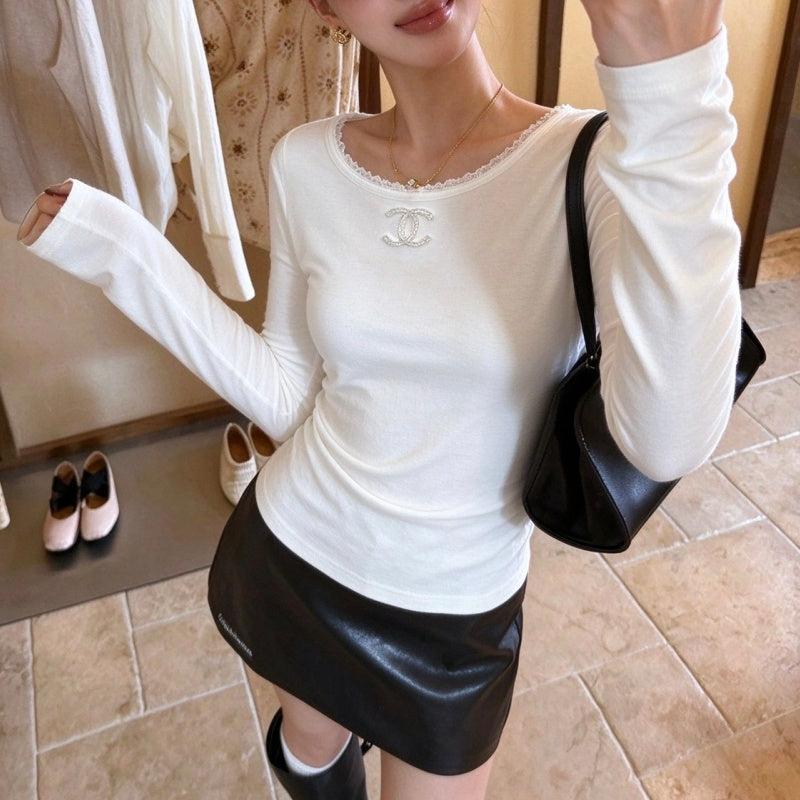 New Fashion Women's CC Lace Edge Slim Top DM13260928336