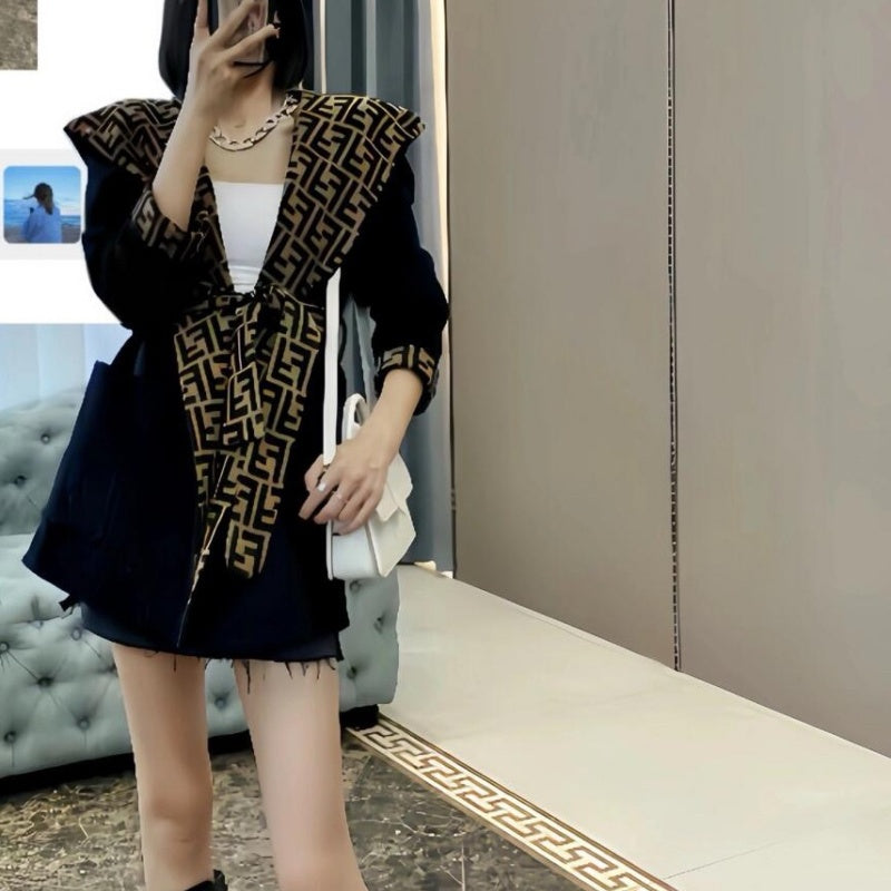 New Fashion Women FF Print Suede Coat DM1326092908
