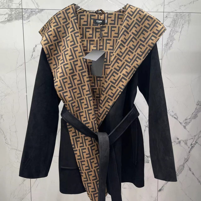 New Fashion Women FF Print Suede Coat DM1326092908