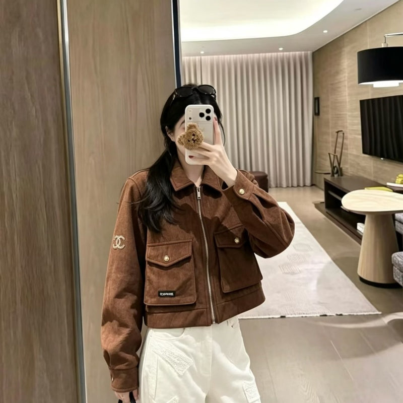 New Fashion Women CC Cropped Faux Suede Jacket DM1326092911