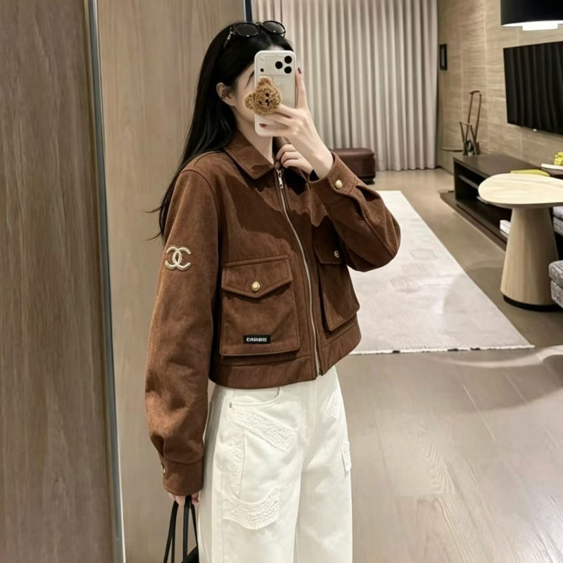 New Fashion Women CC Cropped Faux Suede Jacket DM1326092911