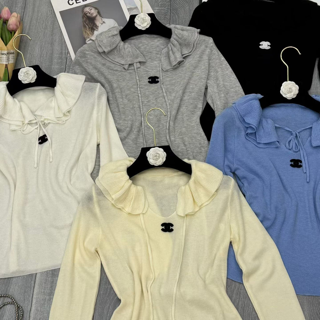 New Fashion Women's CC Ruffle Collar Tie Waist Knit Base Top DM1326100804